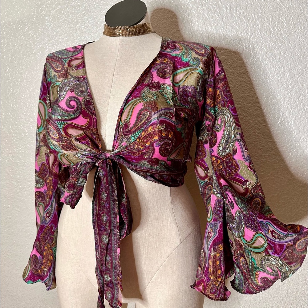 Boho wrap semi crop bell sleeve top